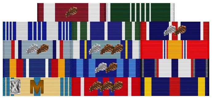 Military ribbons and decorations, including the Meritorious Service Medal and Army Commendation Medal
